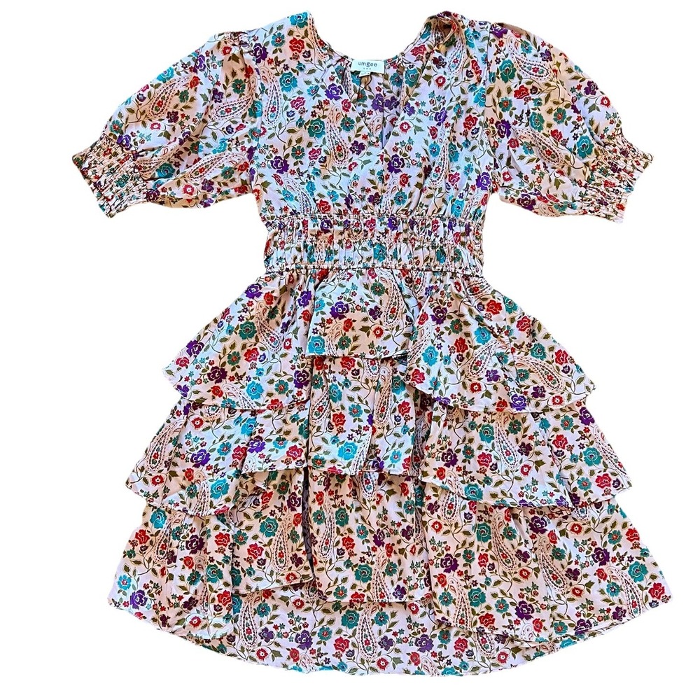 Umgee V-Neck Floral Tiered Ruffle Dress Teal, Purple & Red, Satin,‎ Sz S